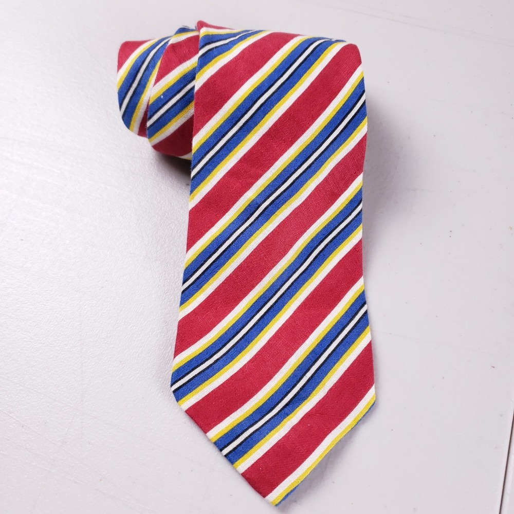 Ben Silver Charleston London Mens Striped Cotton Tie Red Blue Yellow 3.75 Inch